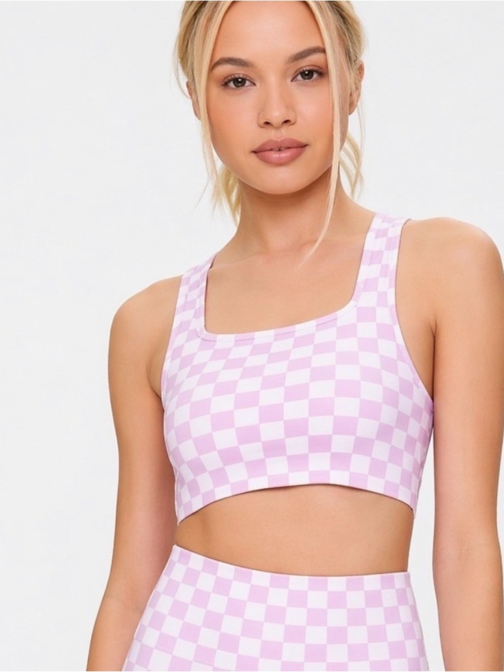 Lilac Pink Checkerboard Sports Bra & Biker Short Set - Medium 💕
